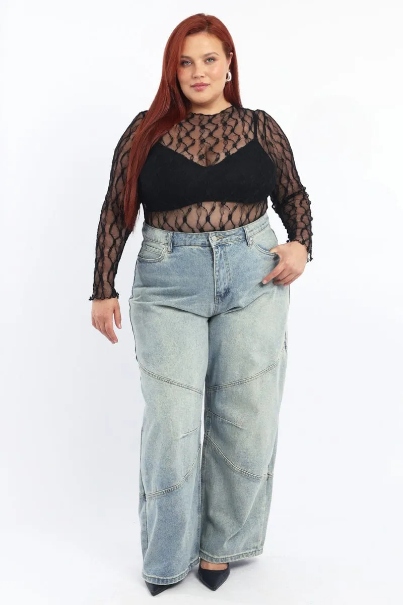 Black Bodysuit Long Sleeve Lace DoubleLayered Fabric