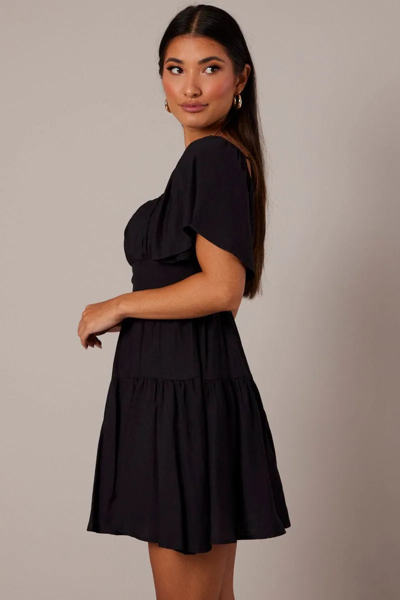 Bold Step Warm Socks Black Fit And Flare Dress Short Sleeve