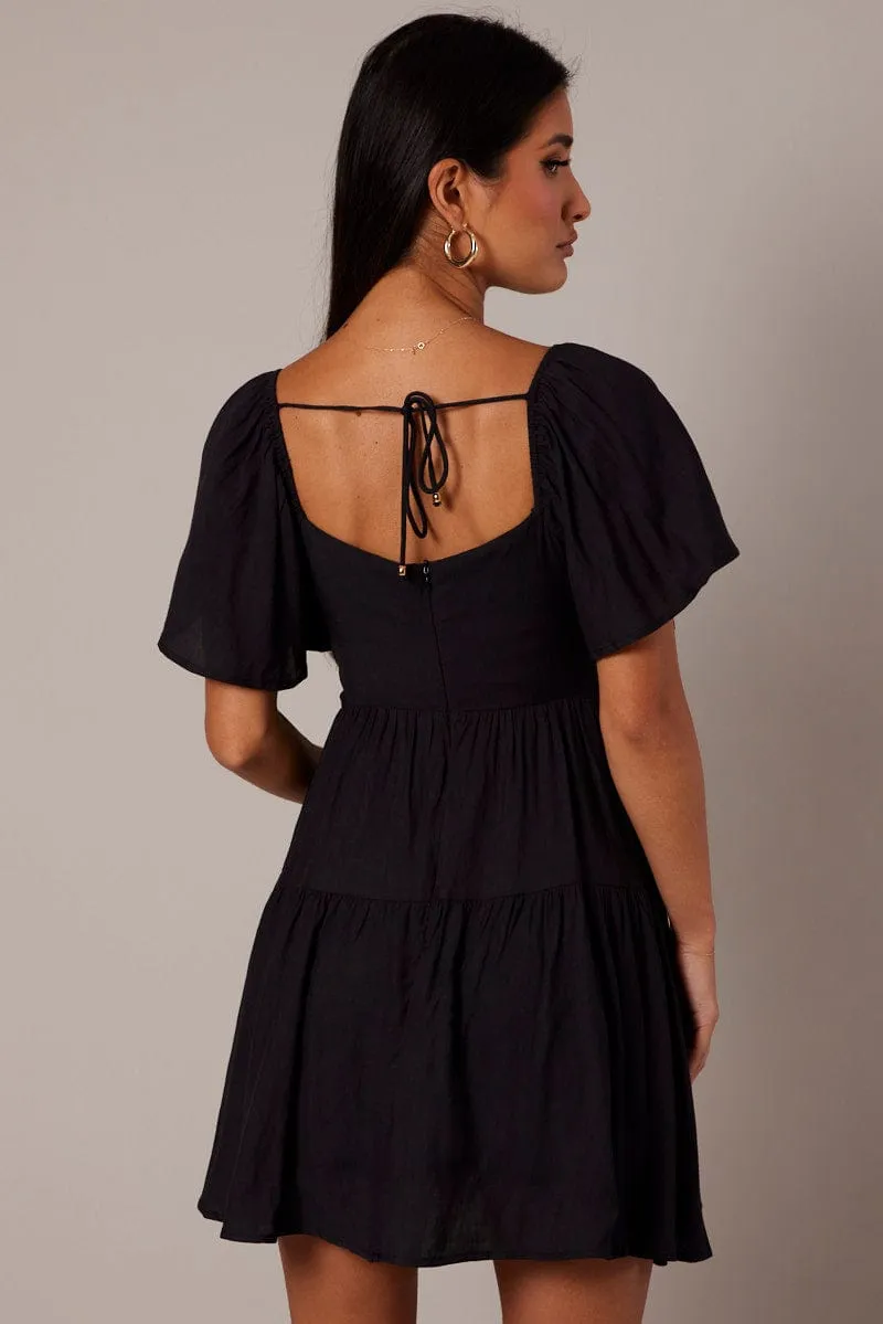 Black Fit And Flare Dress Short Sleeve Elegant Pants Vented Panels