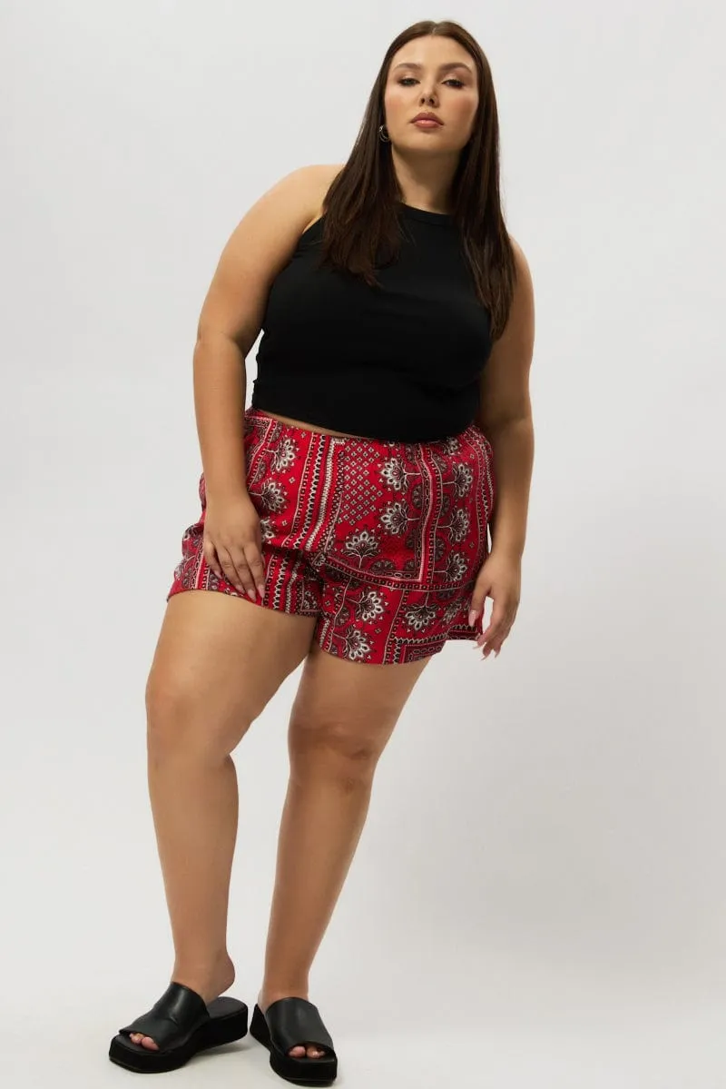 Red Boho Elastic Waist Shorts Model Glow