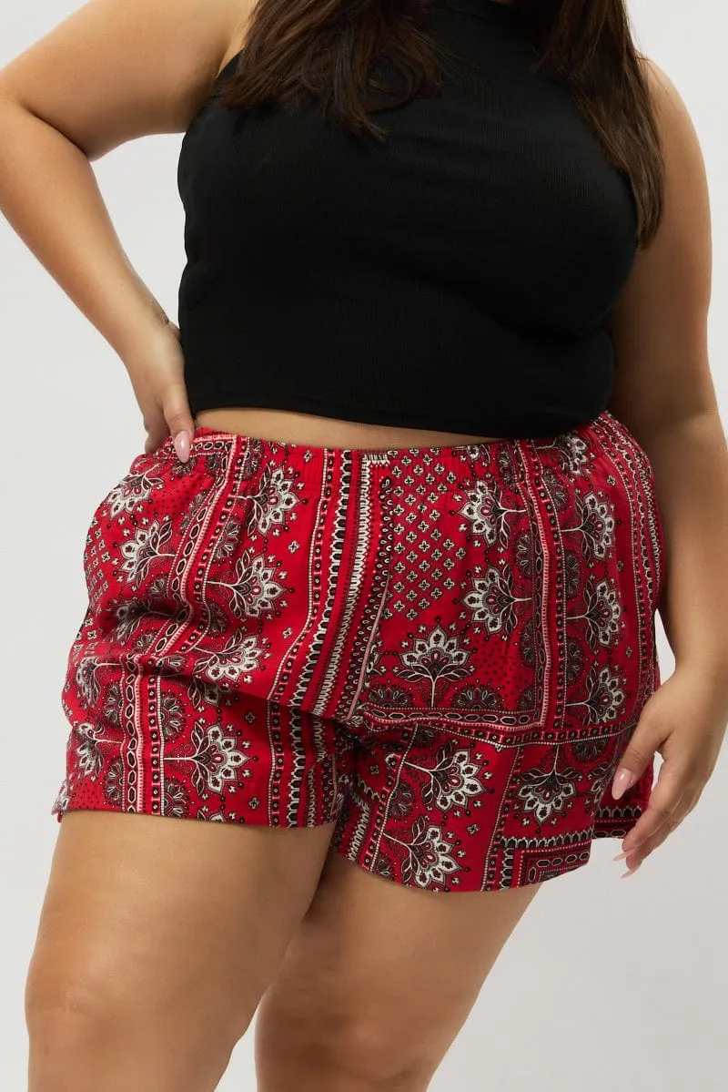 Red Boho Elastic Waist Shorts Weekend Style