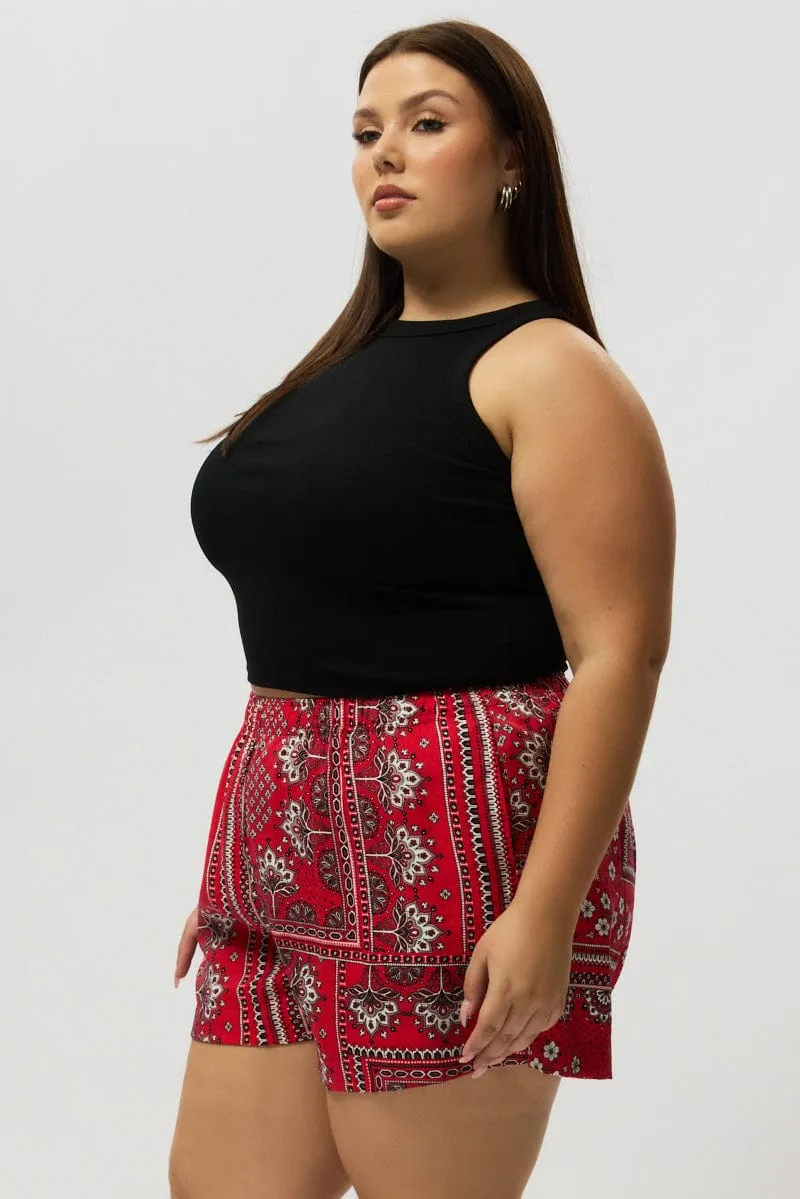 Evening Glow StaticFree Material Red Boho Elastic Waist Shorts