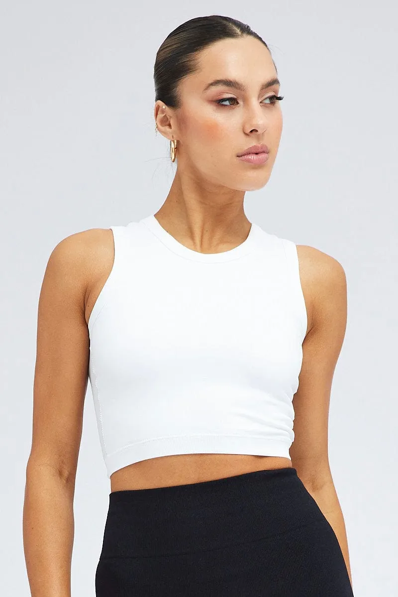 White Tank Top Crew Neck Washed Seamless WrinkleFreeTexture