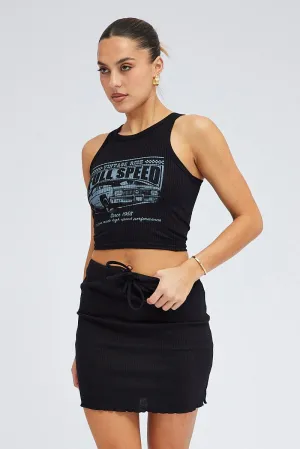 Black Rib Tie Waist Mini Skirt Streetwear Look
