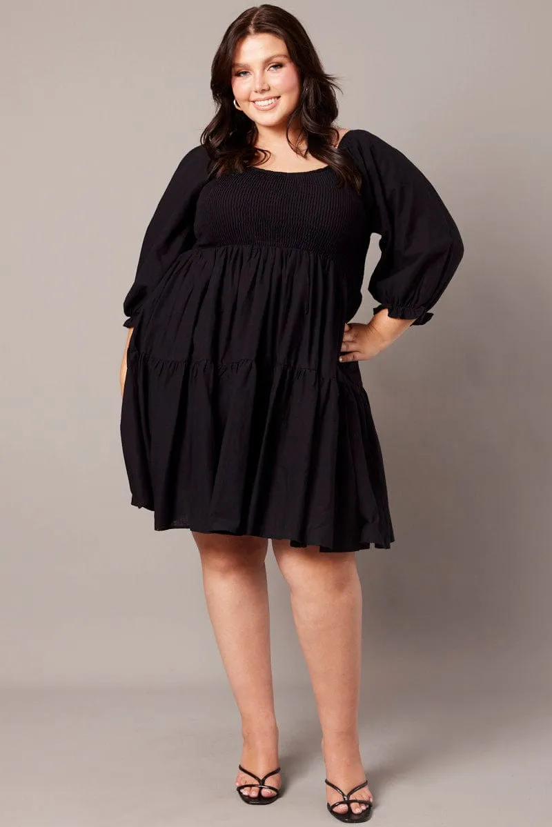 Show Pop Flattering Fit Black Shirred Tier Cotton Mini Dress