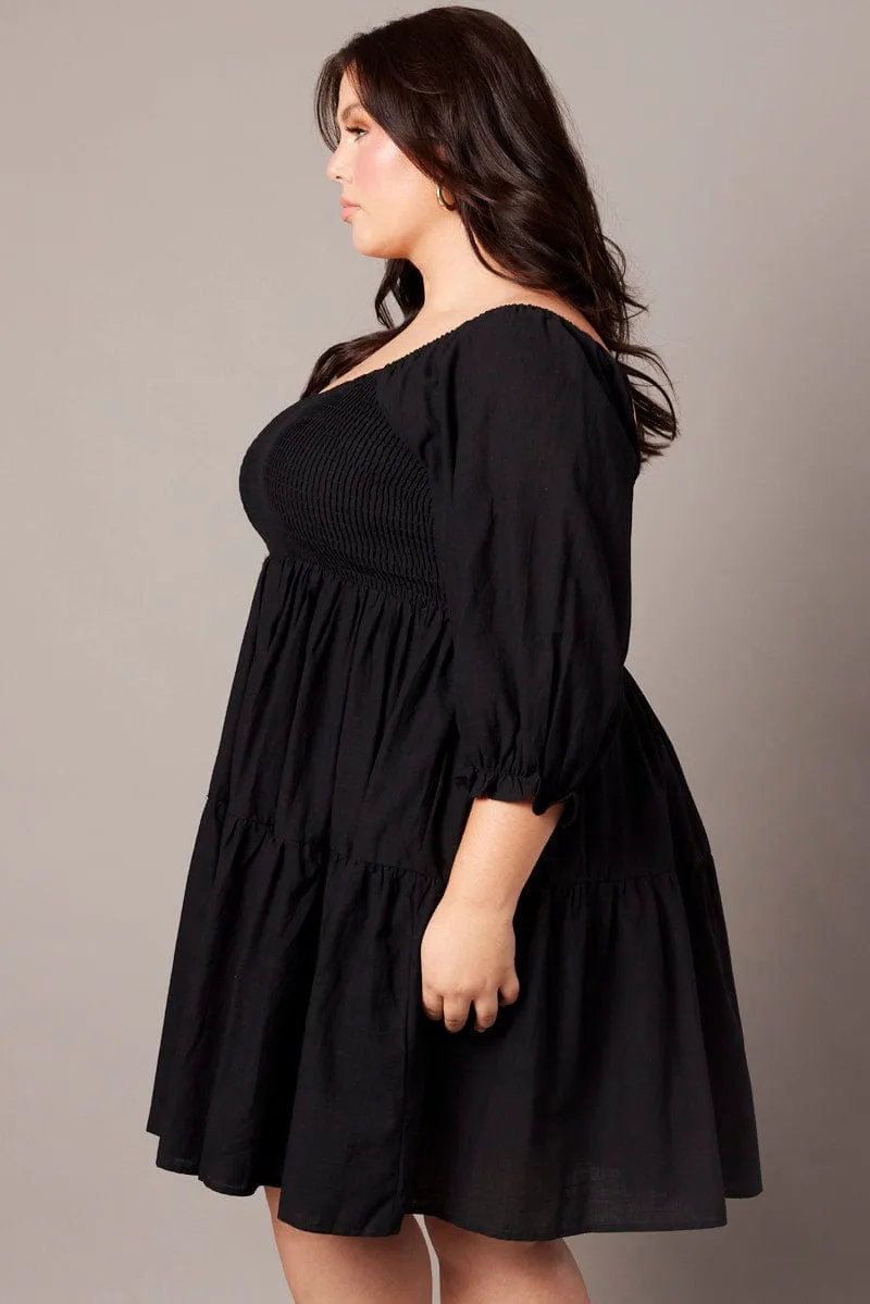 Party Rush Black Shirred Tier Cotton Mini Dress