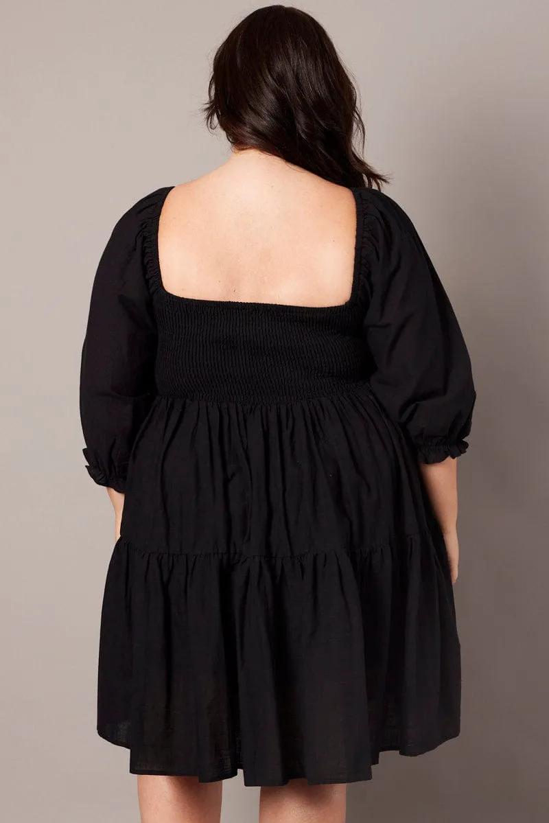City Star Black Shirred Tier Cotton Mini Dress