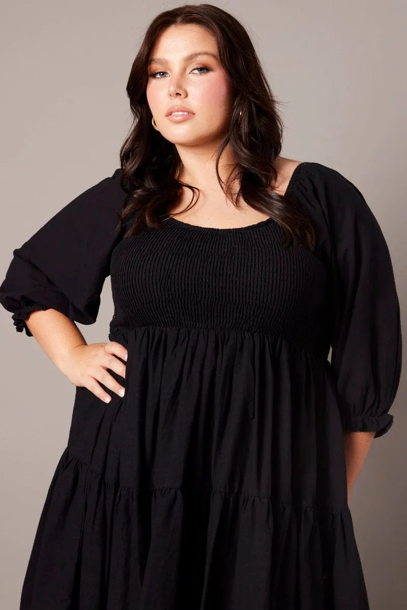 Day Wear Black Shirred Tier Cotton Mini Dress