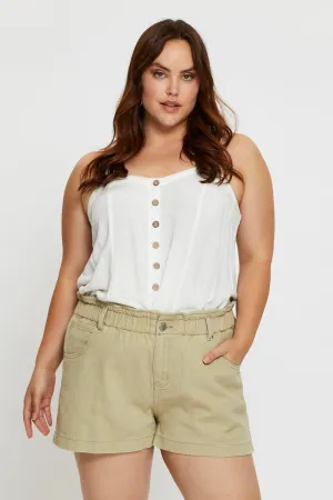 WrinkleFreeTexture AntibacterialFinish Beige Denim Shorts High Rise Paperbag