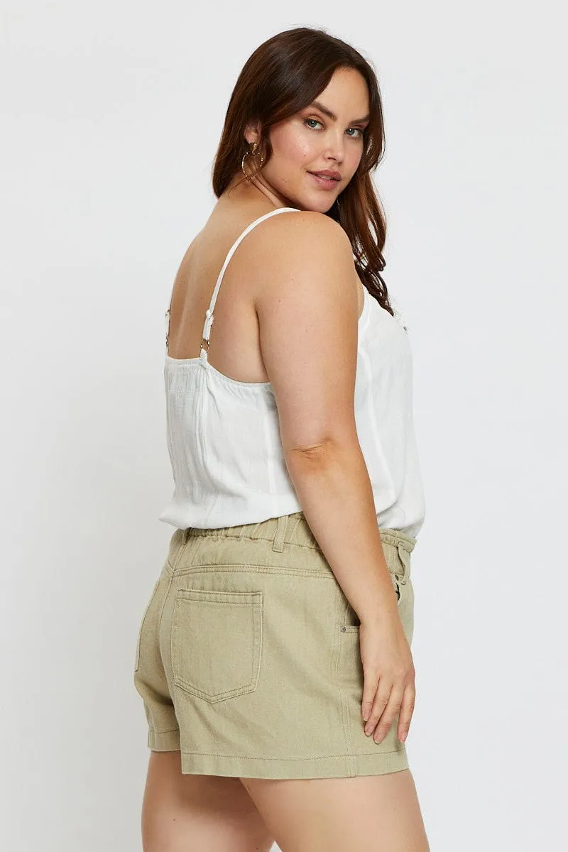 Convertible Style Soft Inner Lining Beige Denim Shorts High Rise Paperbag