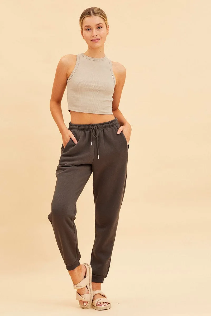 Beige Cropped Tank Cotton Blend Rib High Neck Racer Back Daily Wear Sporty Design