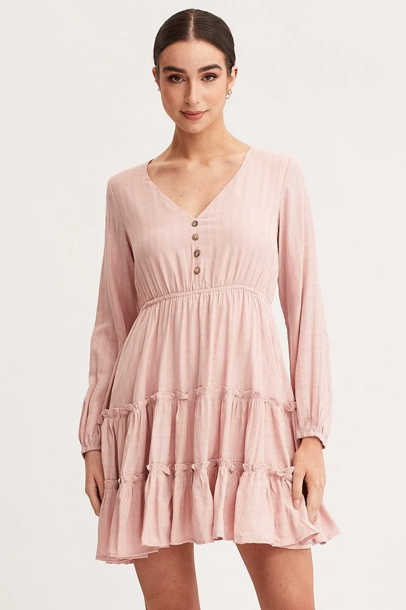 Pink Skater Dress Long Sleeve Mini Daily Fit Matte Tone