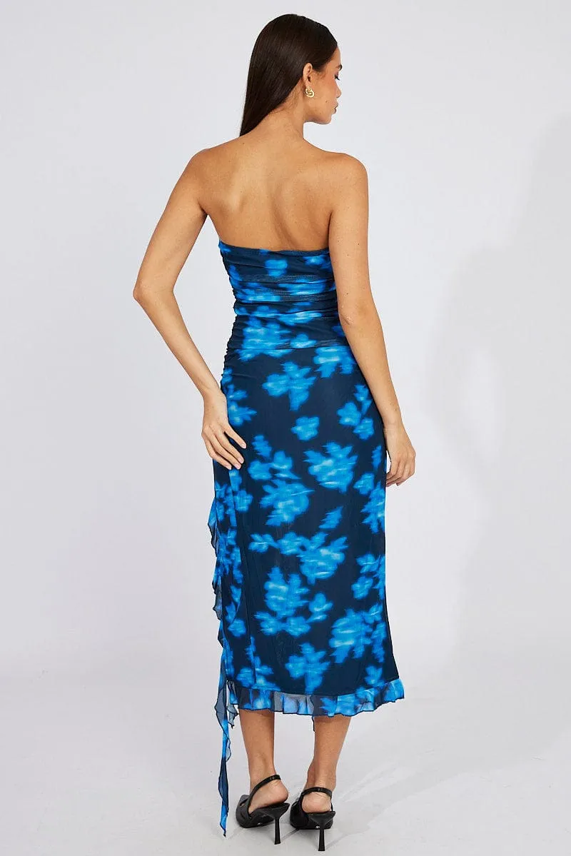 Black Floral Ruffle Dress Strapless Mesh EcoFriendlyDye