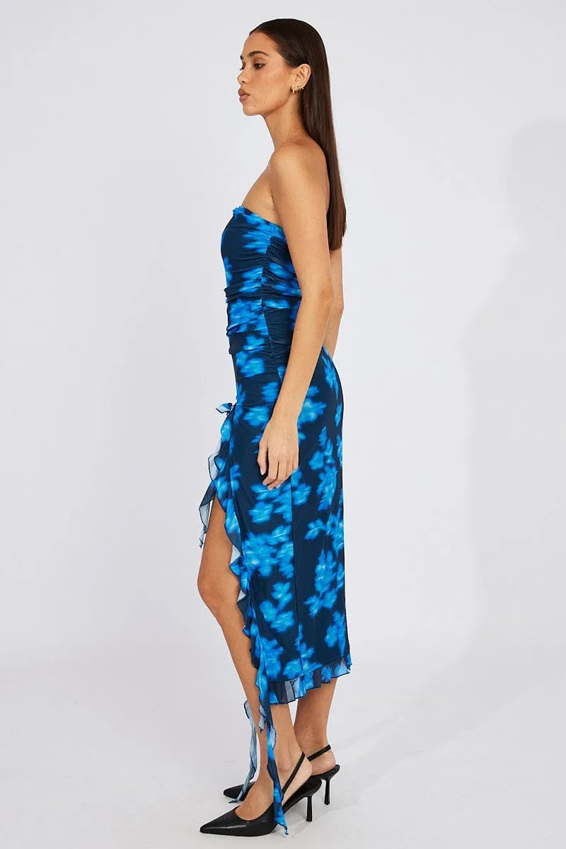 Black Floral Ruffle Dress Strapless Mesh Desk Style Strong Denim