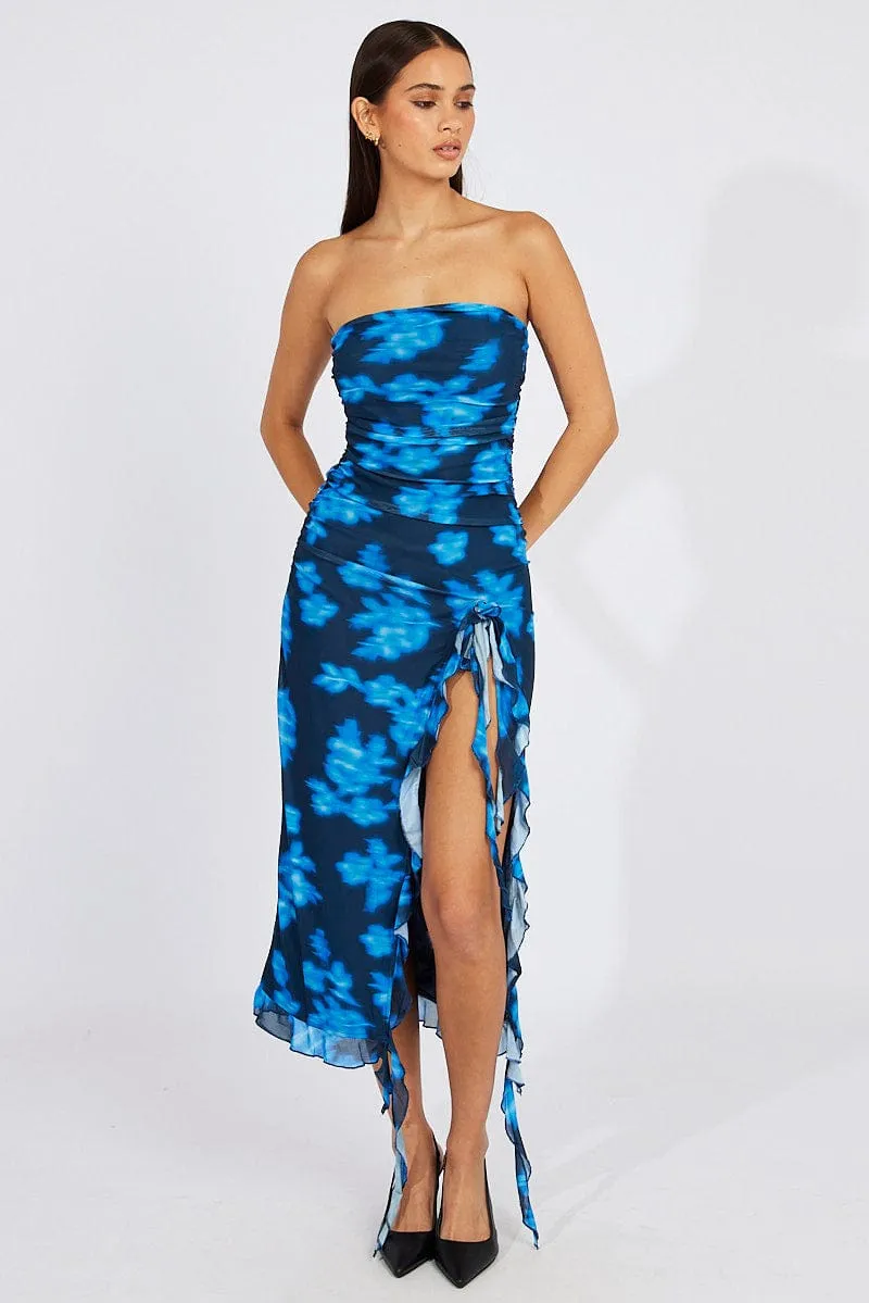 Black Floral Ruffle Dress Strapless Mesh Chic Fit