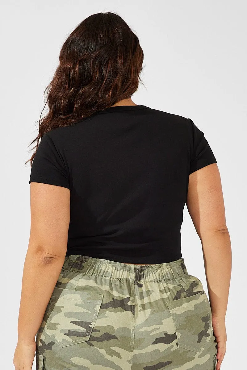 Black Graphic T-shirt Short Sleeve Crew Neck Crop Active Look slim fit