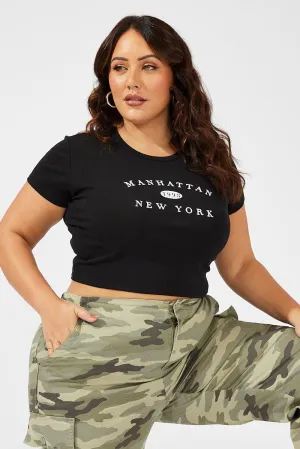 Daily Comfort Style Black Graphic T-shirt Short Sleeve Crew Neck Crop
