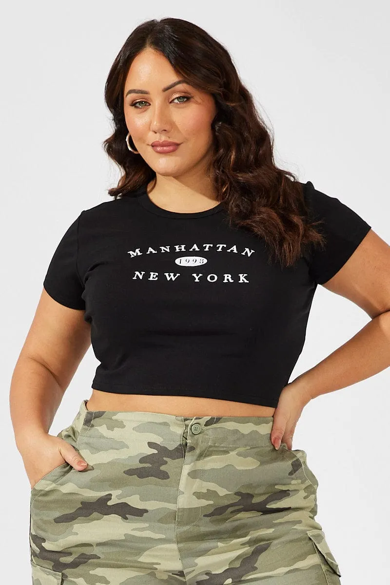 Black Graphic T-shirt Short Sleeve Crew Neck Crop Trendy Design