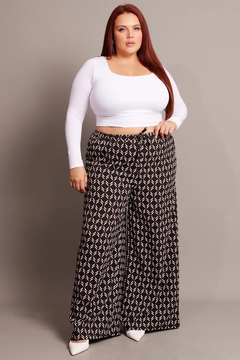 Decorative stitching Training Comfort Brown Geo Wide Leg Pants High Rise