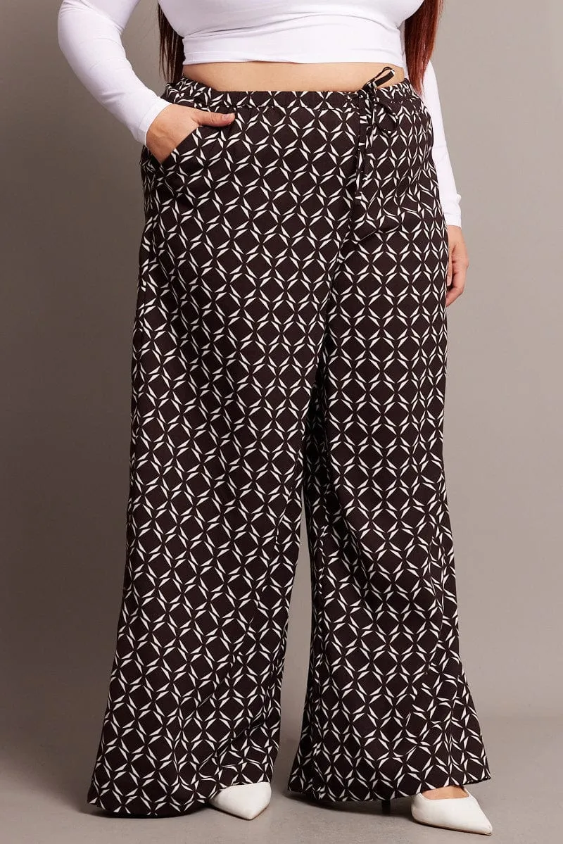 Brown Geo Wide Leg Pants High Rise Secure Cuff Design