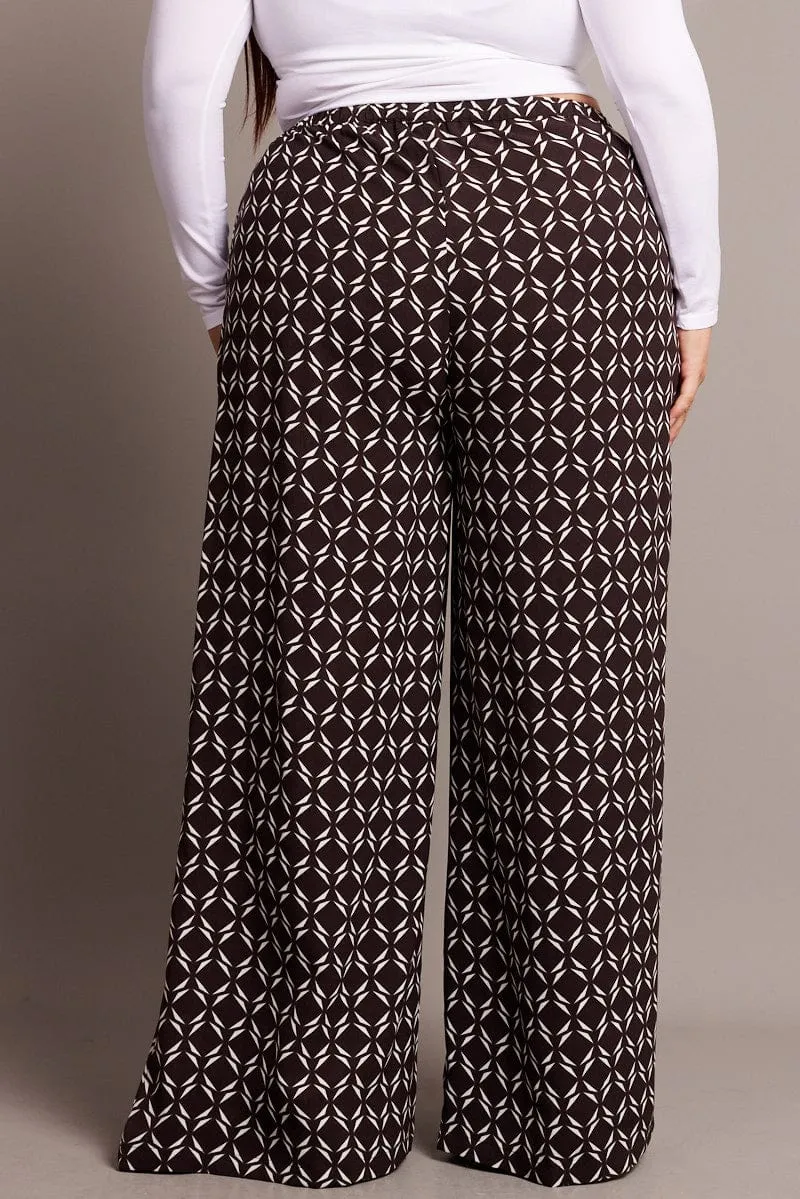 Brown Geo Wide Leg Pants High Rise Essential Fit
