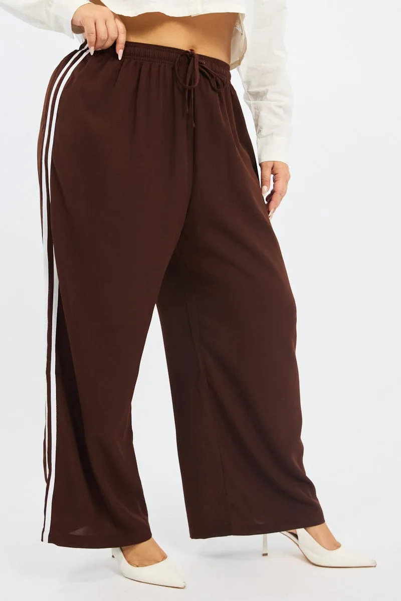 Brown Side Stripe Wide Leg Pants Indoor Comfort