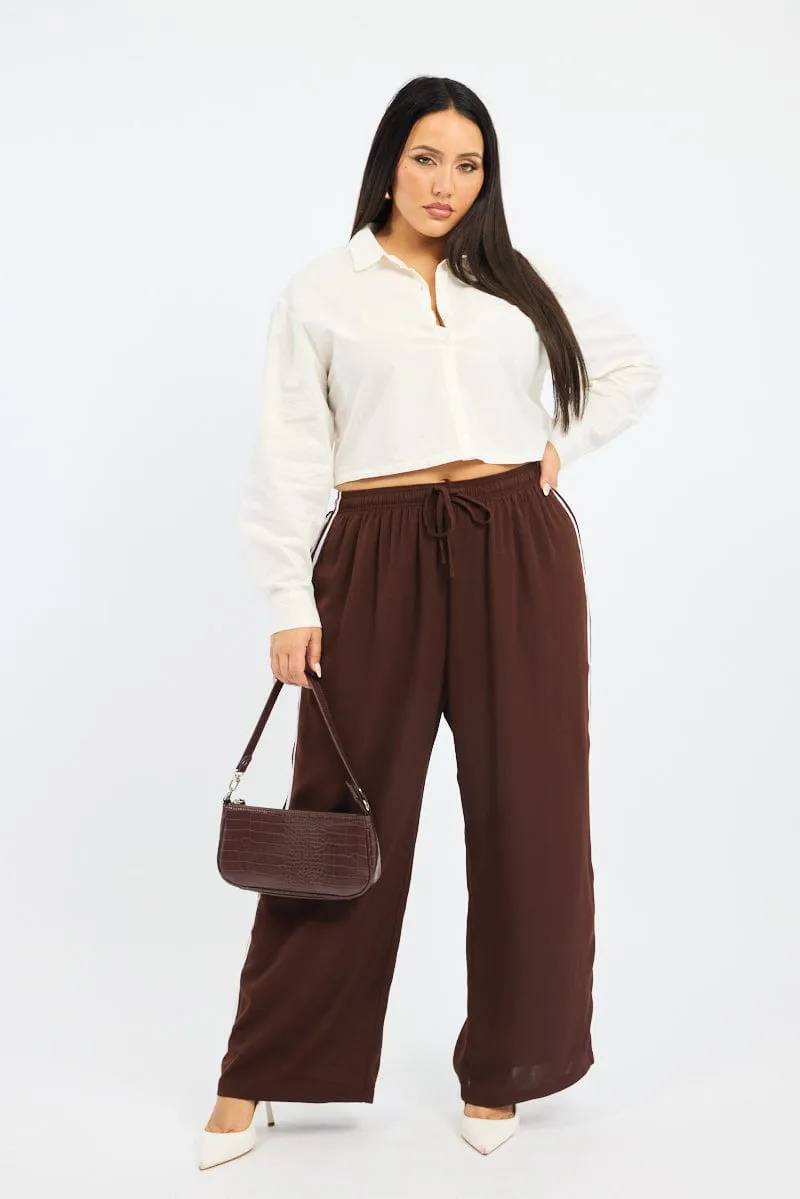 Brown Side Stripe Wide Leg Pants Performance Comfort TearResistantPanels