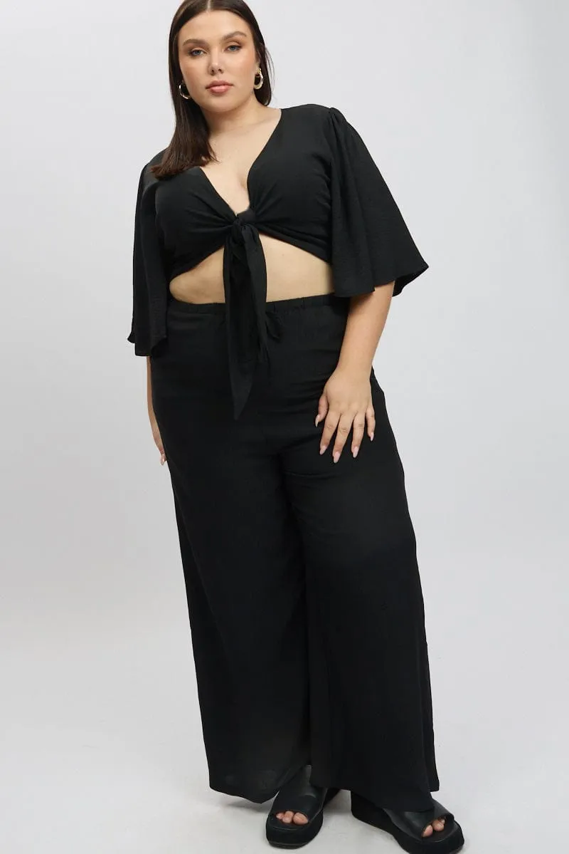 HighRiseWaistband Casual Style Black Textured Georgette Lined Wide Leg Pants