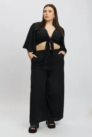 Outdoor Layer Flexible Durability Black Textured Georgette Lined Wide Leg Pants