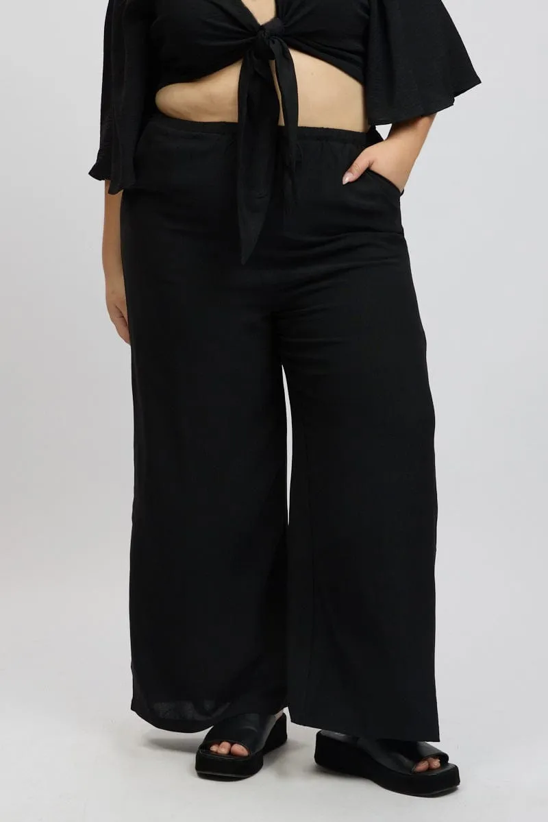 Black Textured Georgette Lined Wide Leg Pants Flexible Gusset