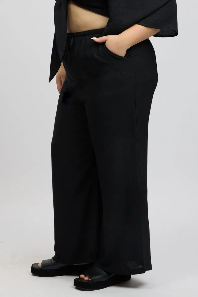 Black Textured Georgette Lined Wide Leg Pants Quality Material Non Binding Waist
