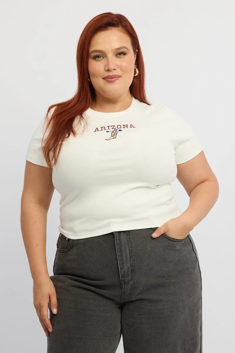 White Graphic T-shirt Short Sleeve Crew Neck Durable Knit Structure Reinforced Shoulder Stitching