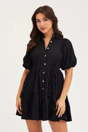 Group Mood QuickAccess Pockets Black Balloon Sleeve Shirts Dress