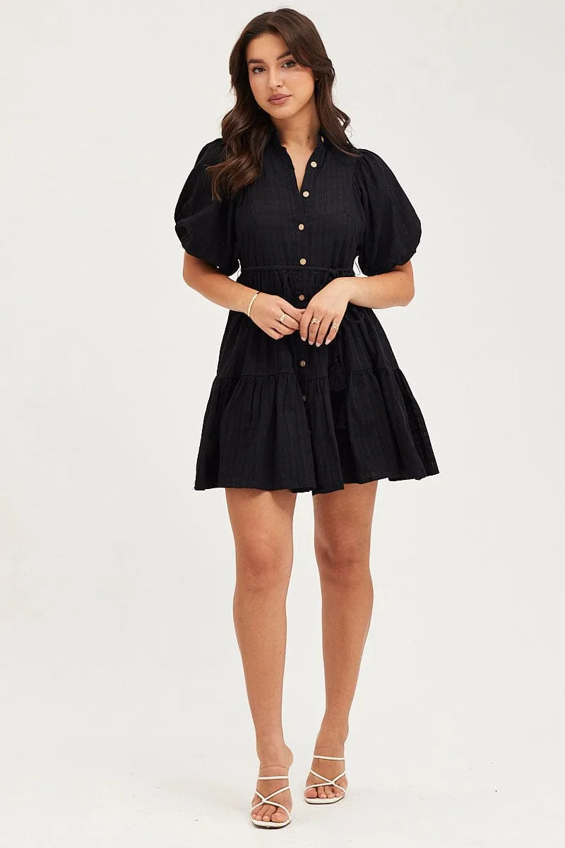 Teen Fresh SmoothEdgeTrim Black Balloon Sleeve Shirts Dress