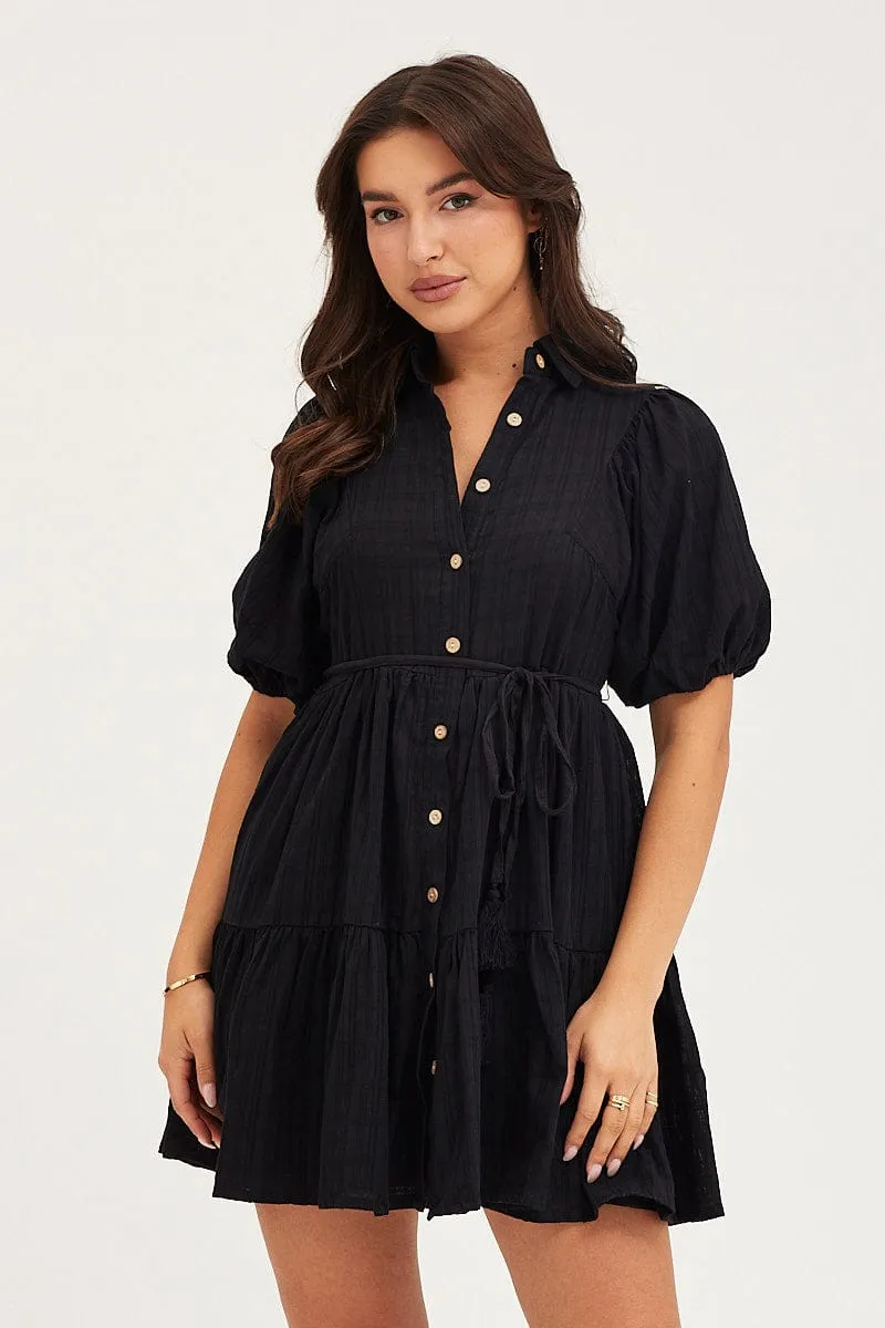 Group Mood QuickAccess Pockets Black Balloon Sleeve Shirts Dress