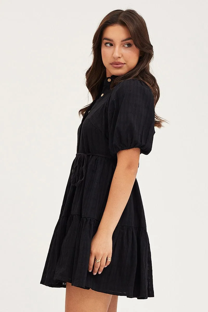 Star Fit QuickDryMaterial Black Balloon Sleeve Shirts Dress