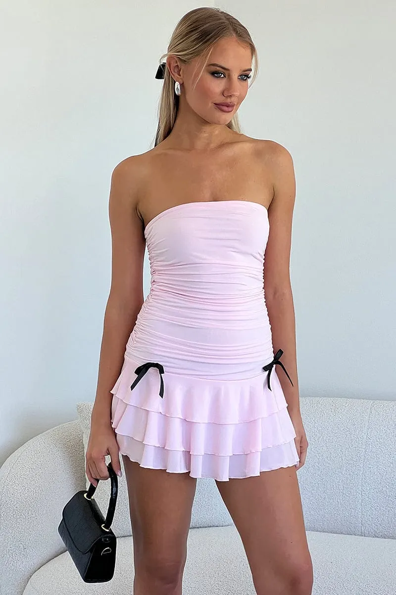 Pink Strapless Dress Ribbon Detail Smile Glow Light Sweatshirt
