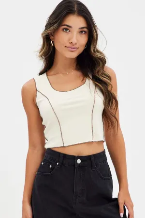 Beige Tank Top Round Neck Croset Overlock Details KnotFree Tailoring