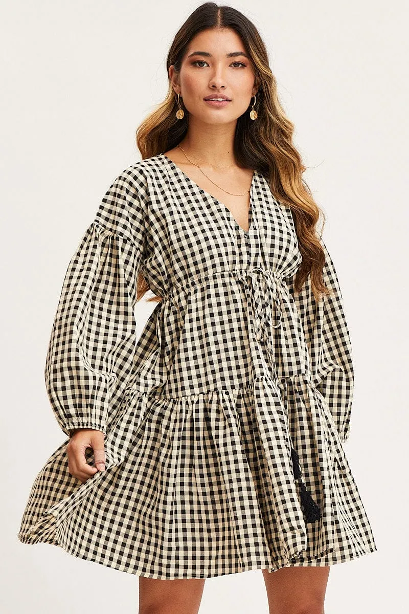 casual fun Check Dress Long Sleeve Midi
