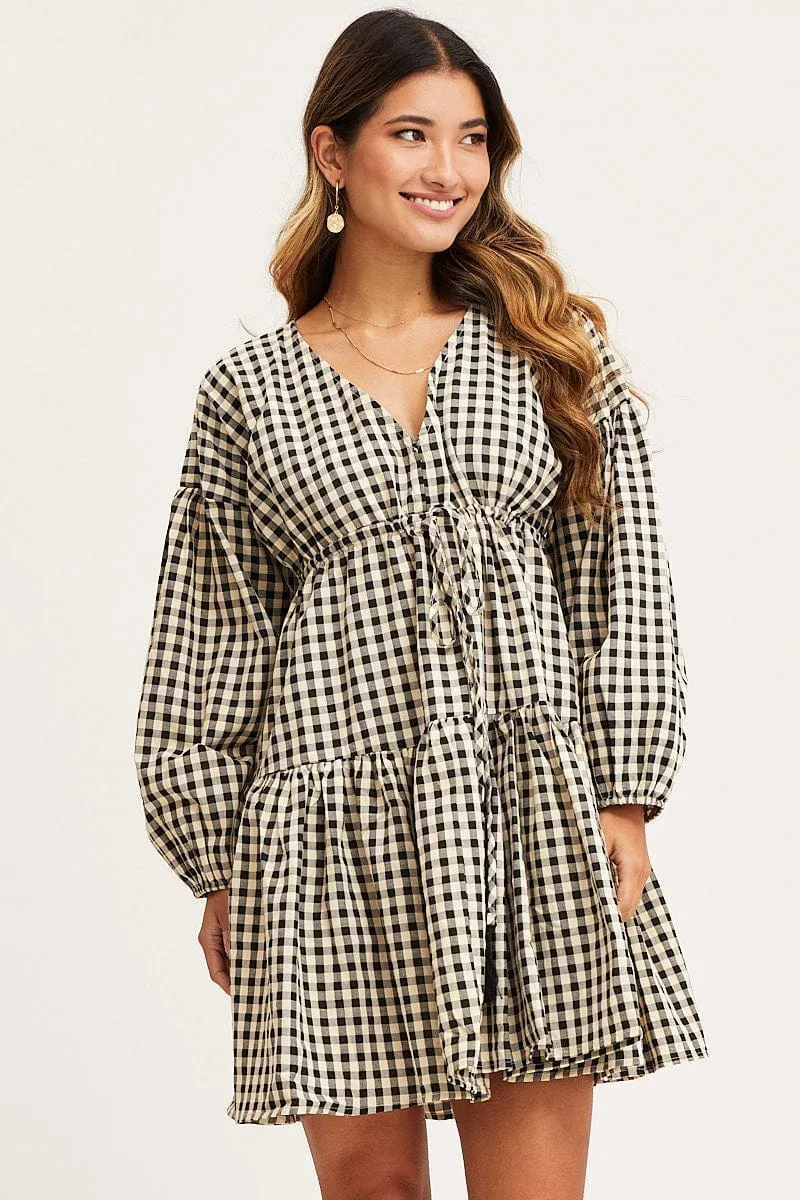 Business Wear Check Dress Long Sleeve Midi