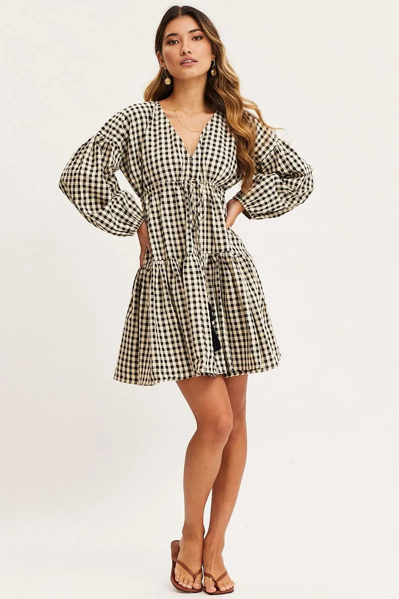 AntiStaticLining Check Dress Long Sleeve Midi
