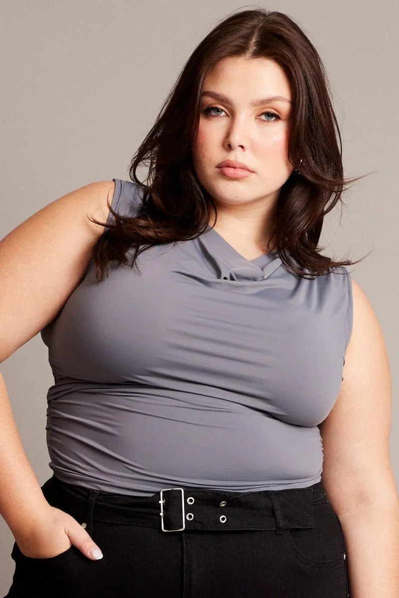 Flexible Fabric Blend Grey Tank Top Cowl Neck