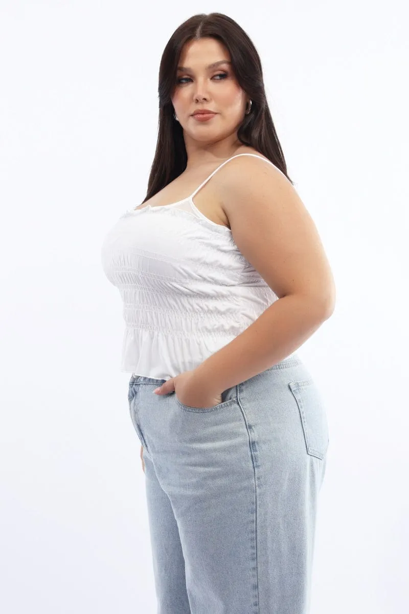 Recycled Polyester Blend White Mesh Cami Top Ruched