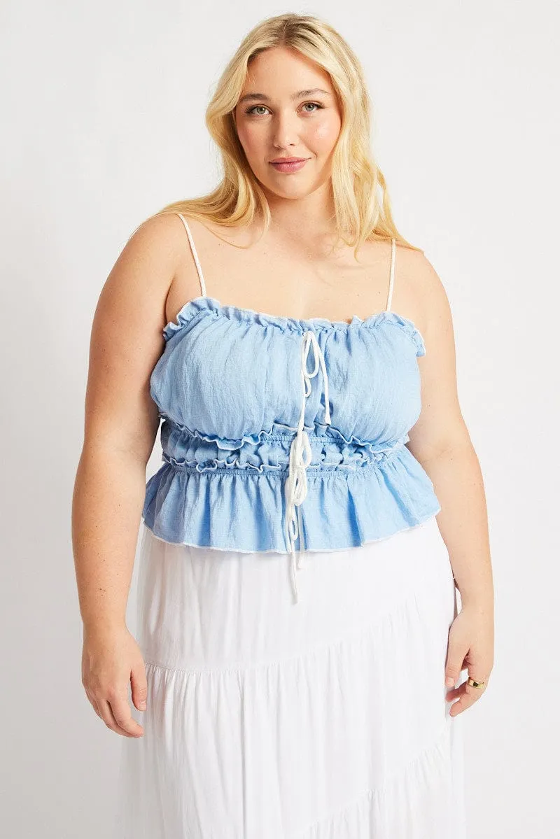 Blue Tiered Cami Top Sleeveless Front Ribbon Ski Core StretchableFabric