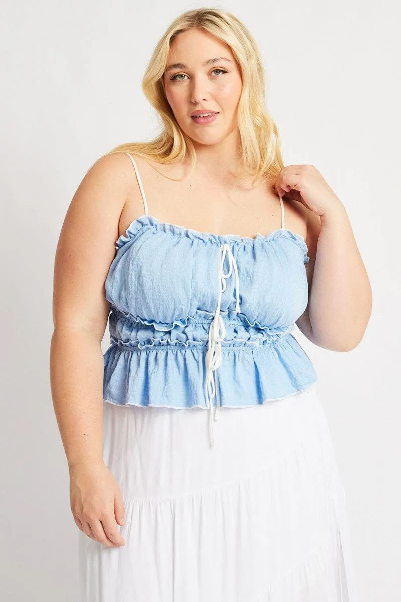 Clean Fit Beach Ease Blue Tiered Cami Top Sleeveless Front Ribbon