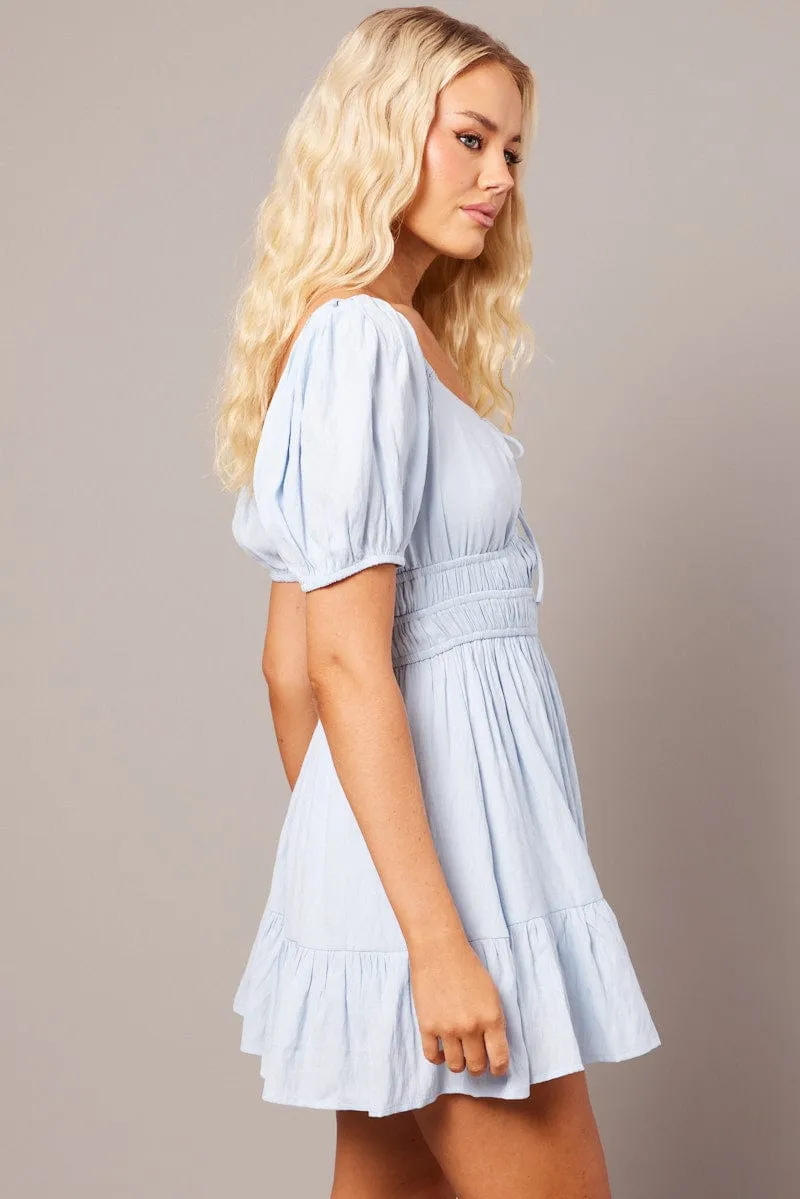 Blue Fit And Flare Dress Puff Sleeve Mini MultiPocketDesign