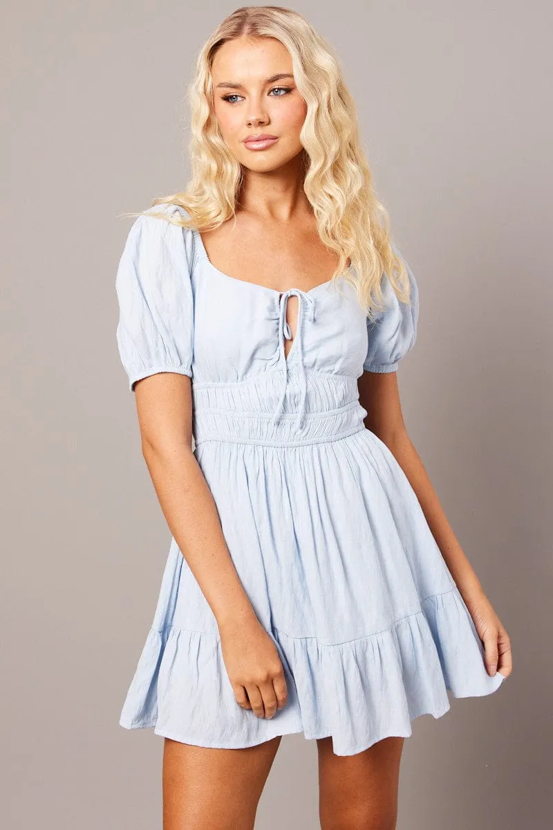 Relaxed Wear Blue Fit And Flare Dress Puff Sleeve Mini