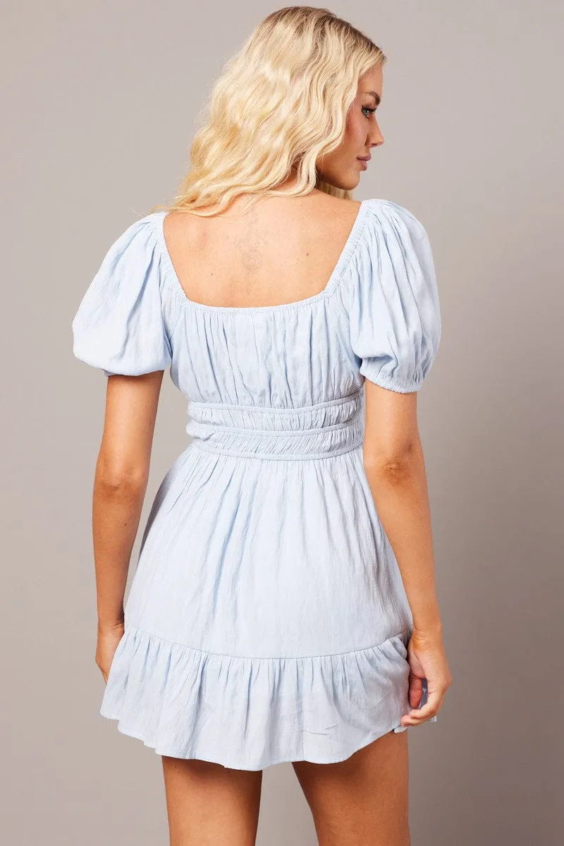 Blue Fit And Flare Dress Puff Sleeve Mini Shimmer Core Heart Soul