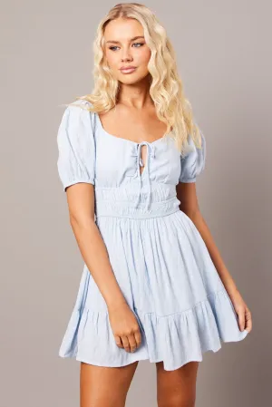 Relaxed Wear Blue Fit And Flare Dress Puff Sleeve Mini