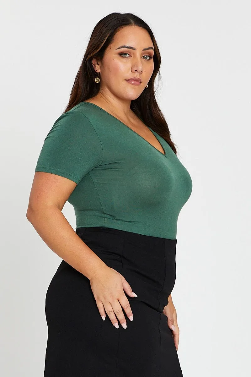Green Long Sleeve V-neck Bodysuit Light Ease Tight Net